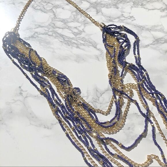 2/$20 Blue Gold Beaded Chunky Layered Necklace - Picture 2 of 2